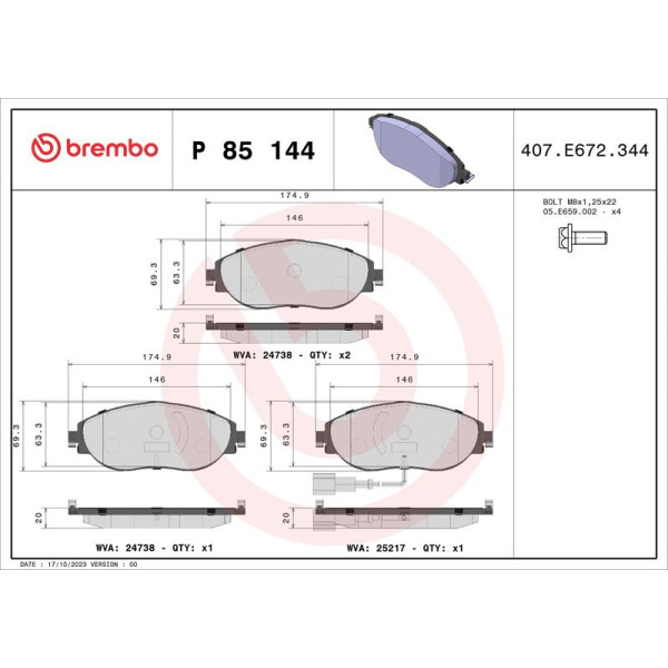 Гальмівні колодки дискові Brembo P85 144 (P85 144)