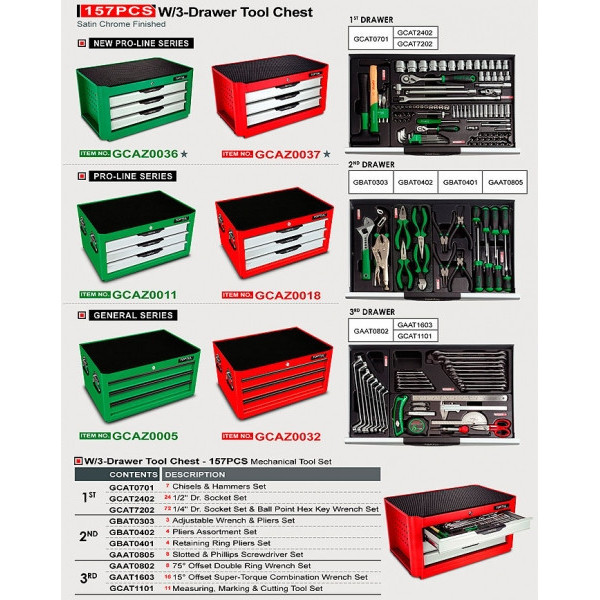 Ящик с инструментом 3 секции 157 ед. (Pro-Line) TOPTUL (GCAZ0011)